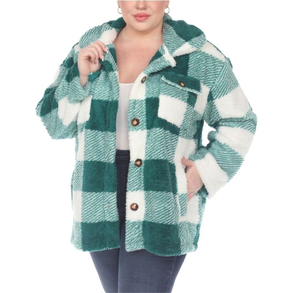 White Mark Womens Checkered Shirt Jacket, Green, Plus Size, 2X, DM